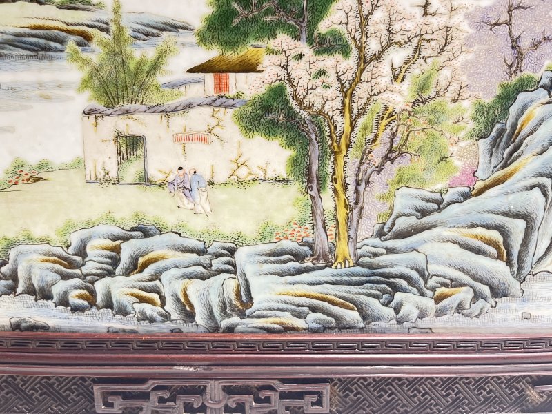 粉彩山水人物纹瓷板（附原装木框） - 图8