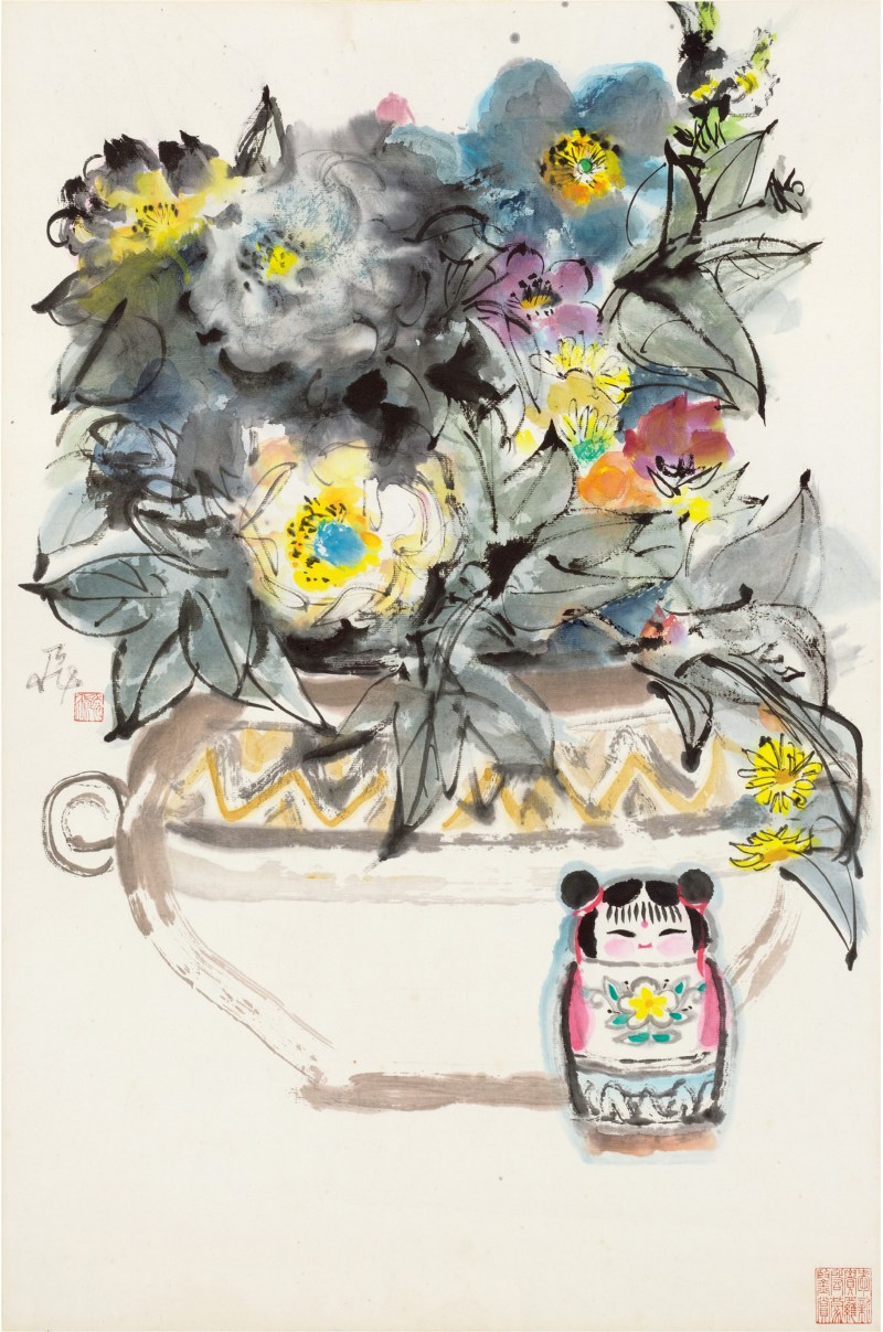陈逸飞（1946～2005）瓶花与福娃