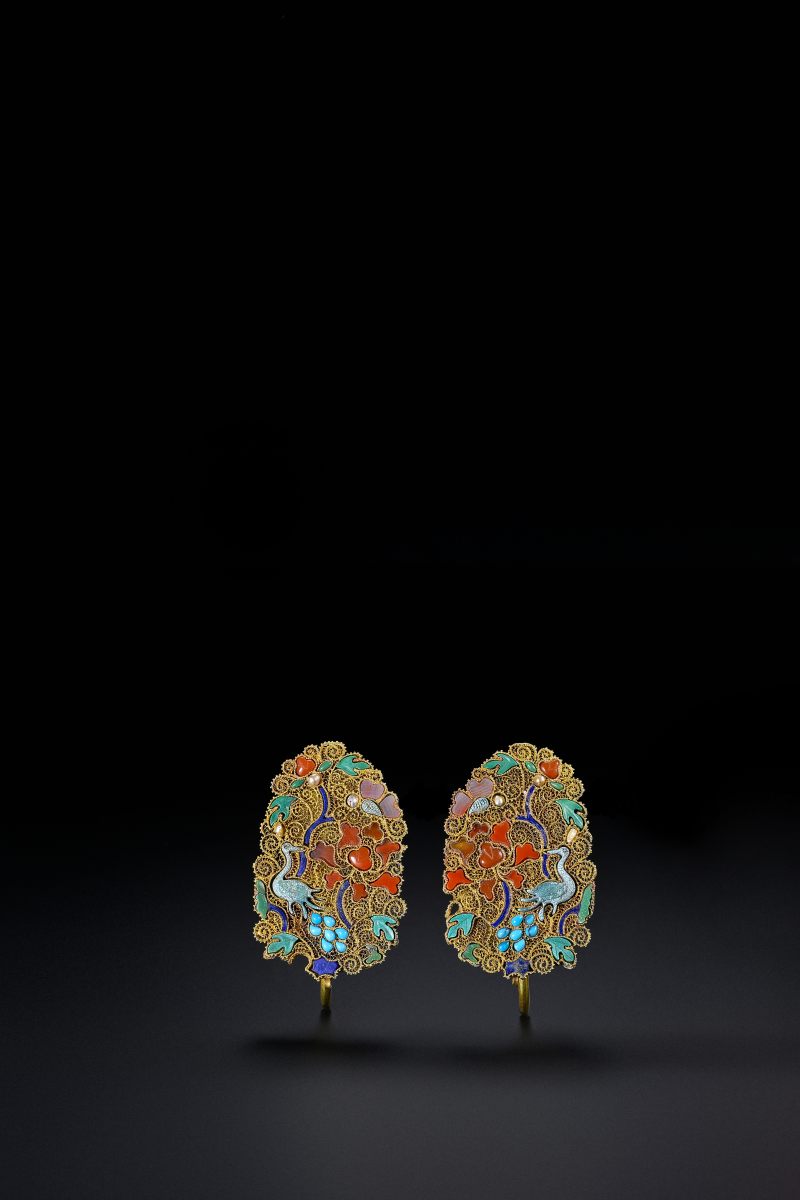 明 金累丝嵌宝花鸟纹耳饰一对 - 图4