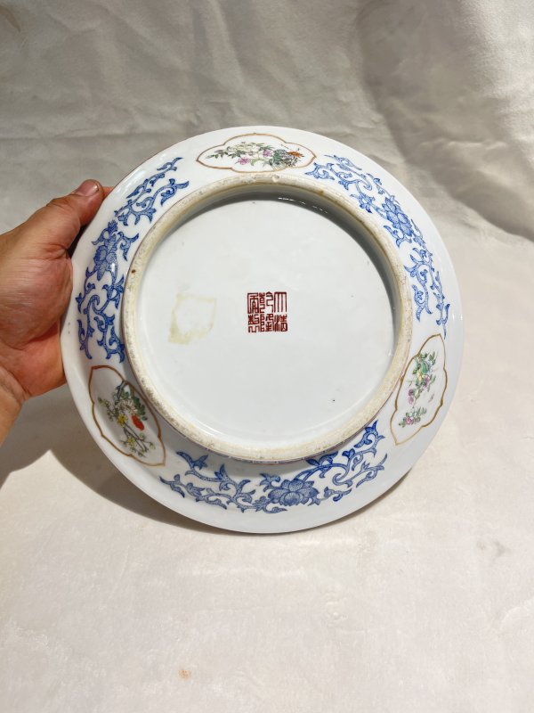 蓝料彩开光粉彩花卉纹盆奁一对 - 图9