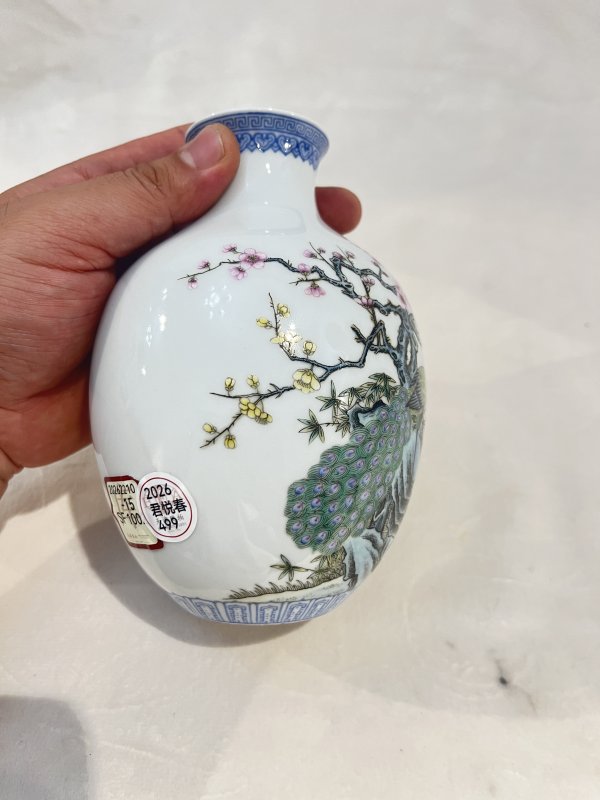 粉彩孔雀诗文灯笼瓶一对 - 图12