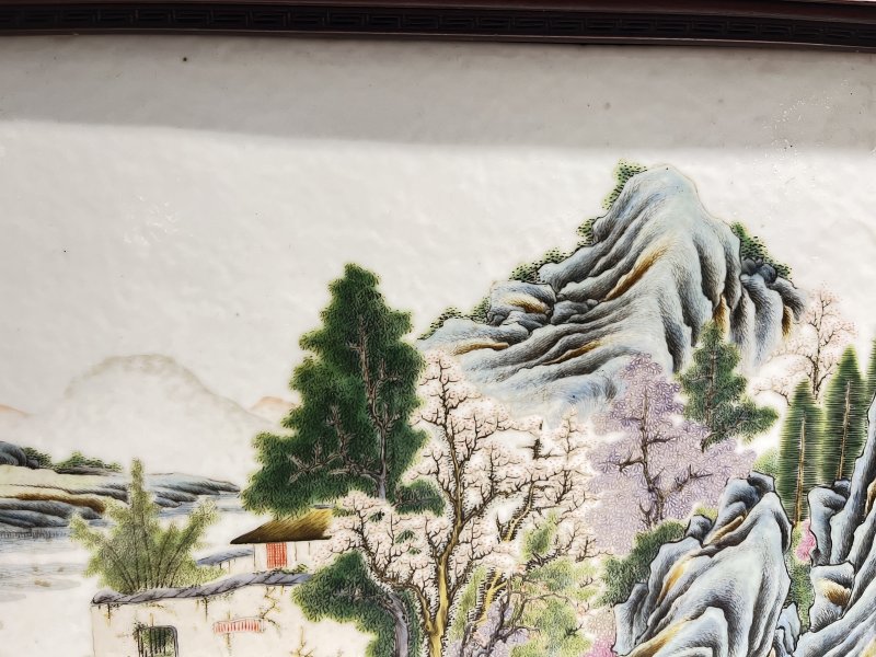 粉彩山水人物纹瓷板（附原装木框） - 图6