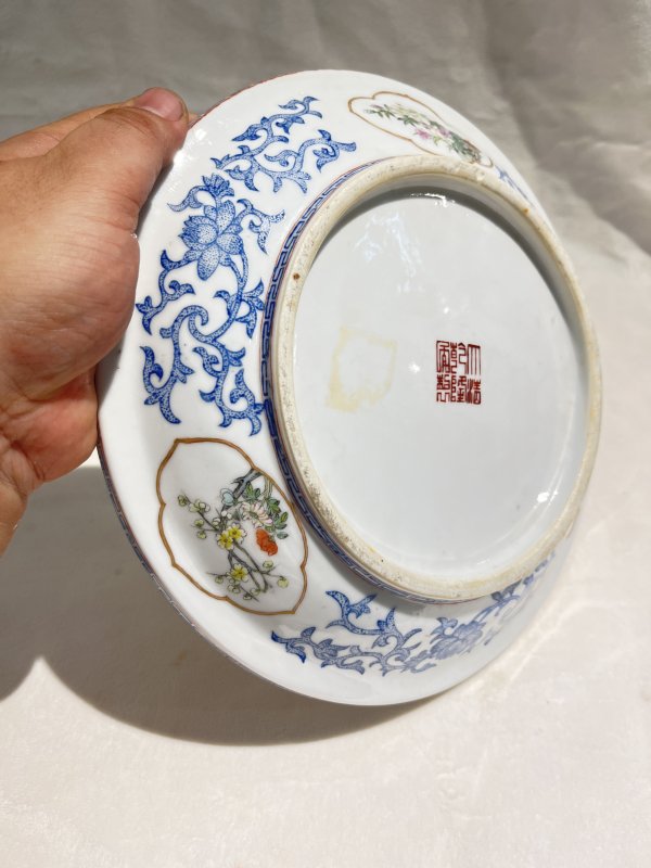 蓝料彩开光粉彩花卉纹盆奁一对 - 图10