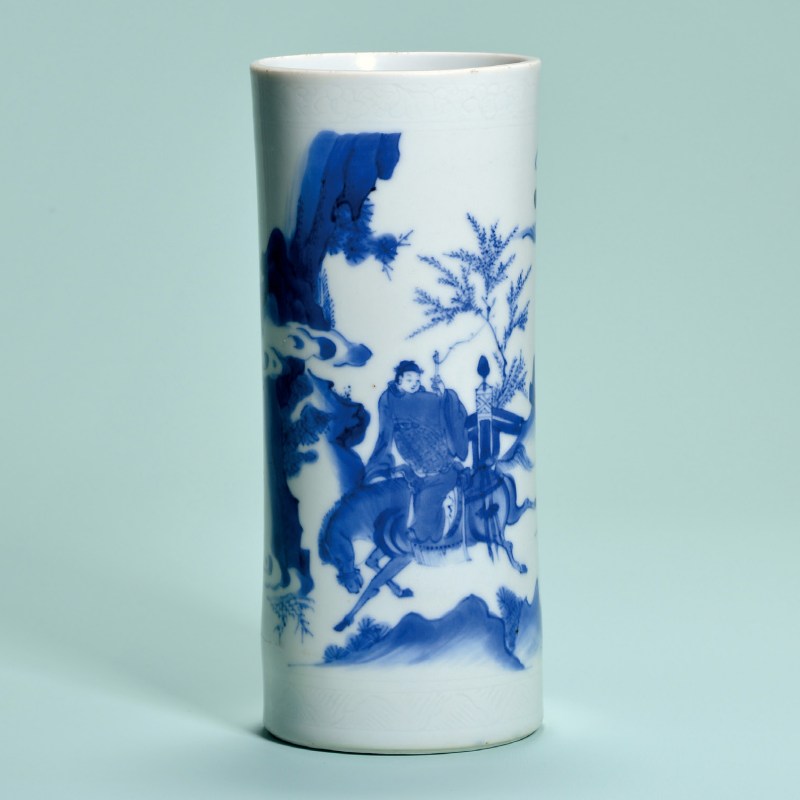 明崇祯 青花状元荣归图笔筒 - 图1