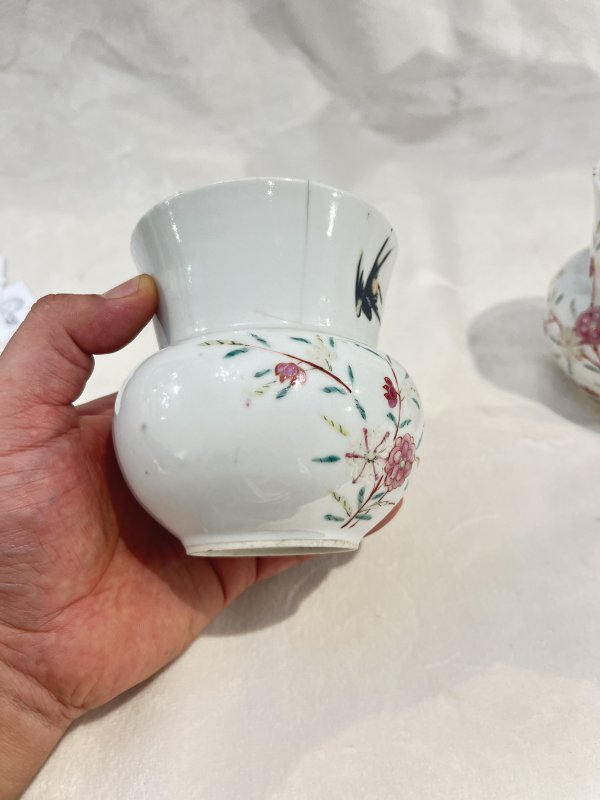 粉彩花鸟纹渣斗一对 - 图7