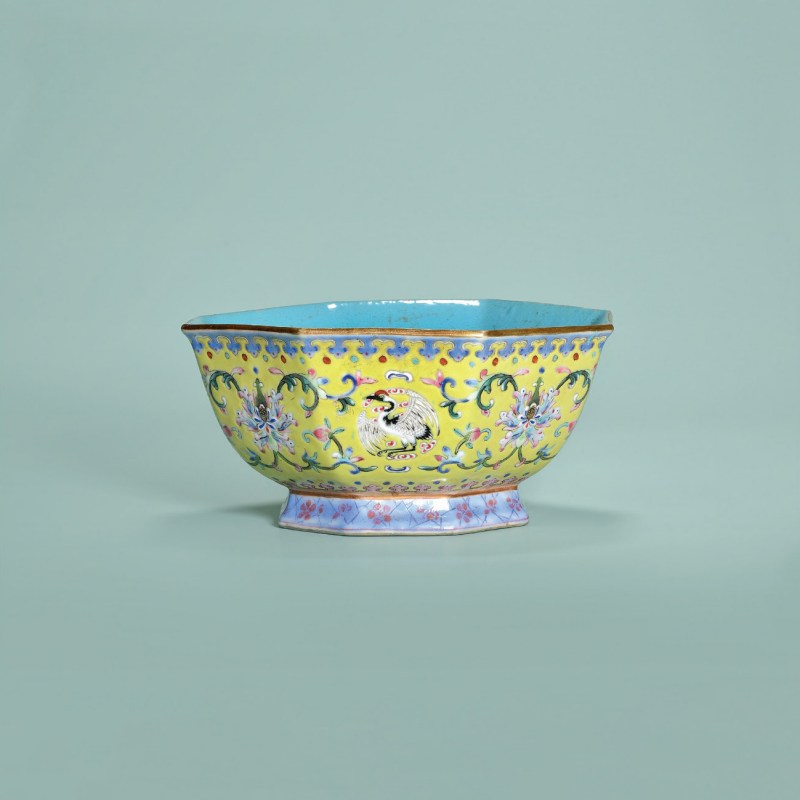 清咸丰 黄地粉彩团鹤宝相花纹洗