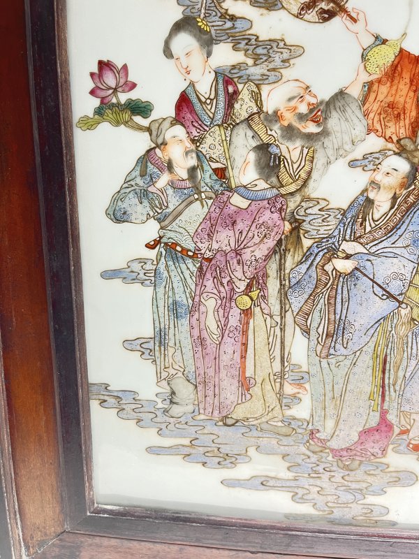 粉彩八仙祝寿纹瓷板（附原装木框） - 图7