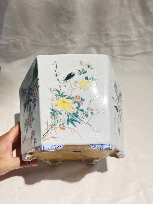 粉彩花鸟纹六方花盆 - 图3