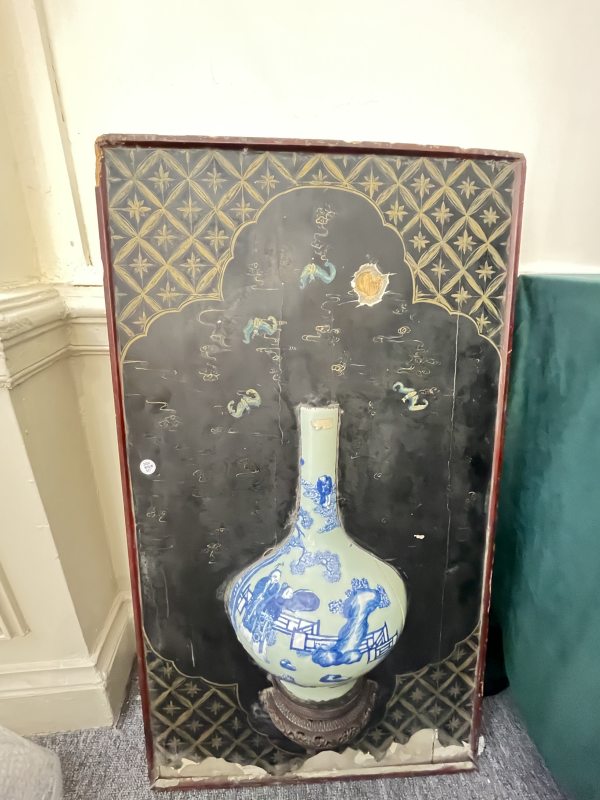 木胎黑漆青花人物纹壁瓶 - 图4