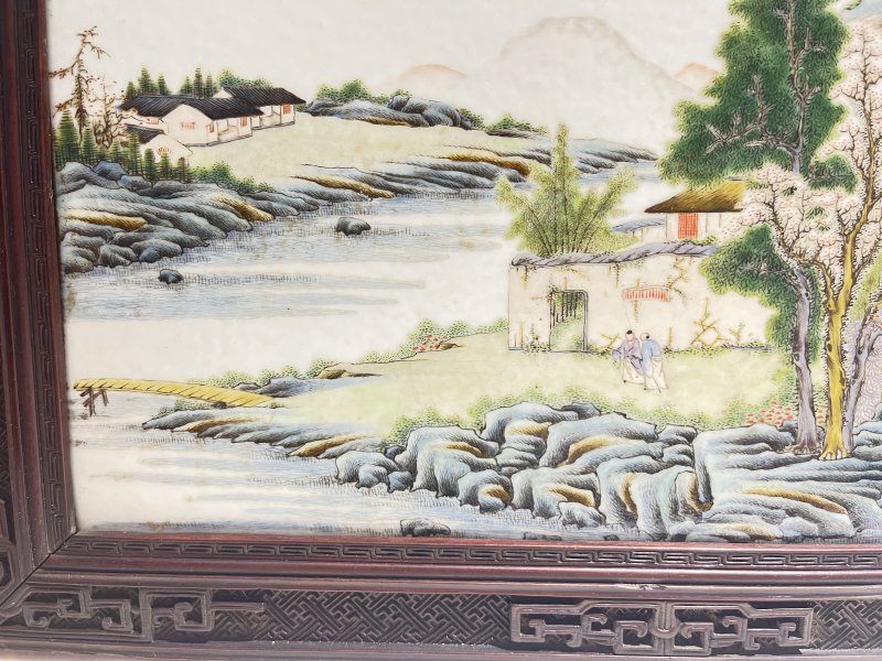 粉彩山水人物纹瓷板（附原装木框） - 图5