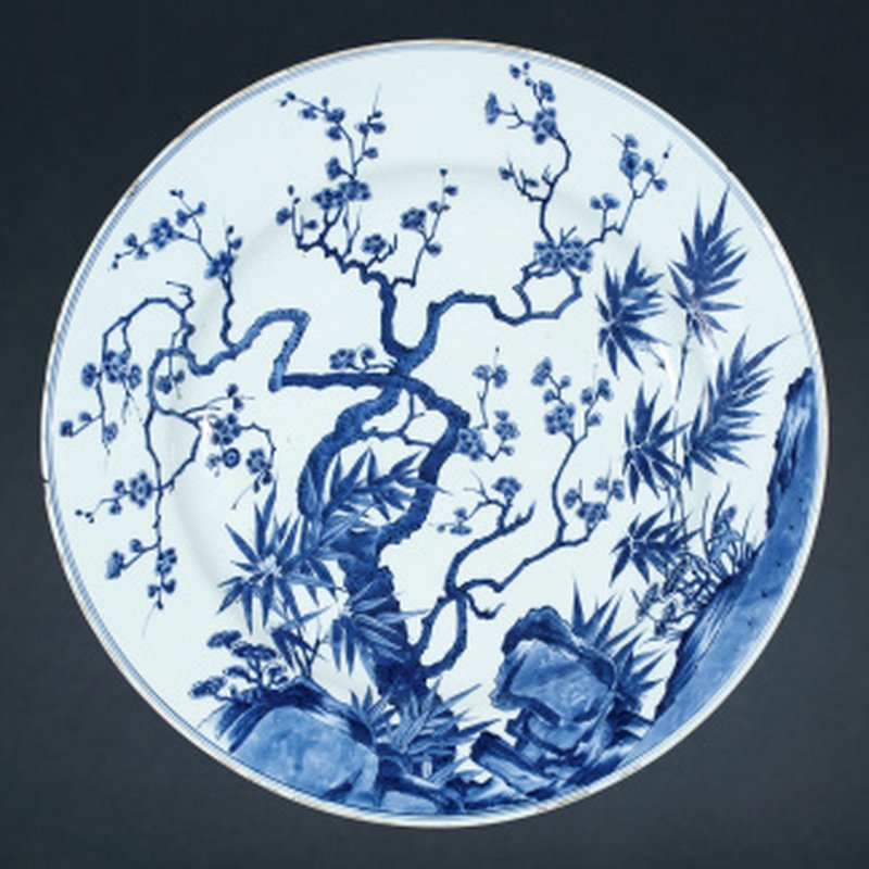 清康熙 青花洞石松竹梅岁寒三友图大盘