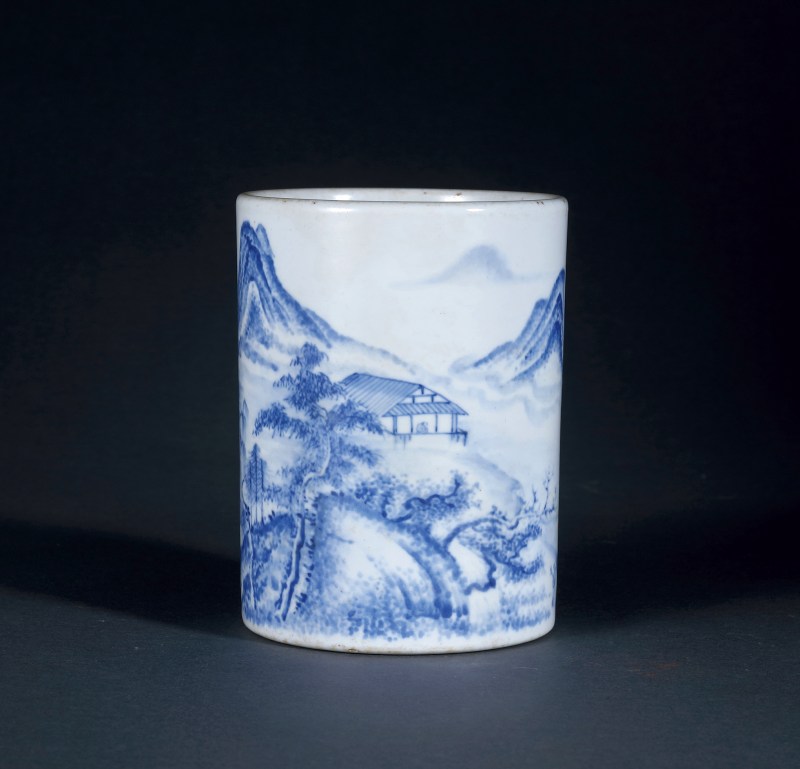 清 青花米点皴通景山水笔筒 - 图2