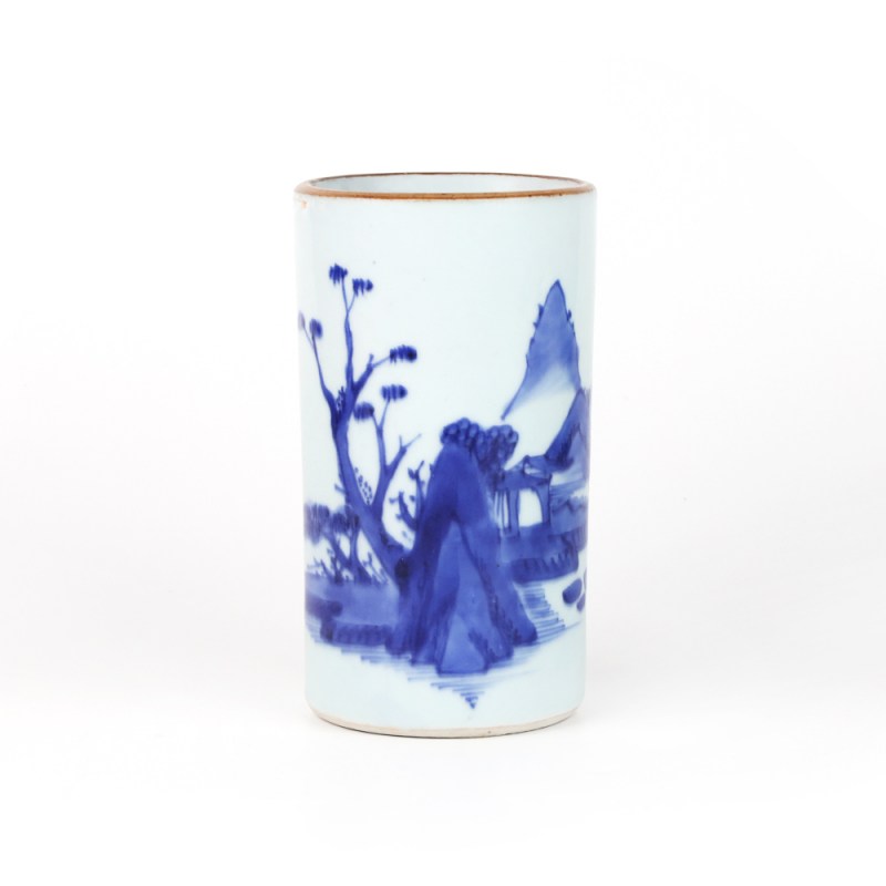 顺治 青花山水纹笔筒