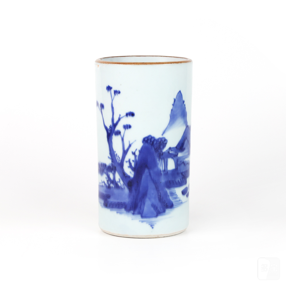 顺治青花山水纹笔筒-多宝古瓷宝典