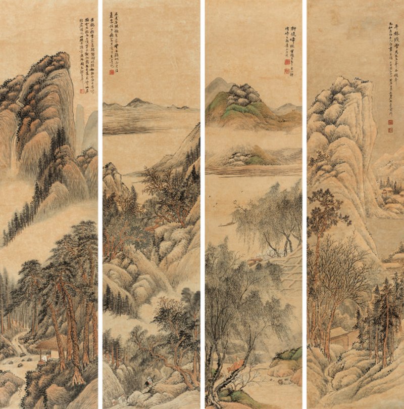 吴谷祥 1848-1903 仿古山水四屏