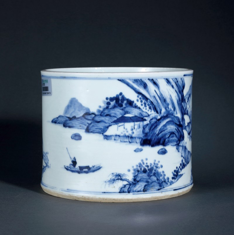 清康熙 青花披麻皴山水高仕云游笔筒 - 图2