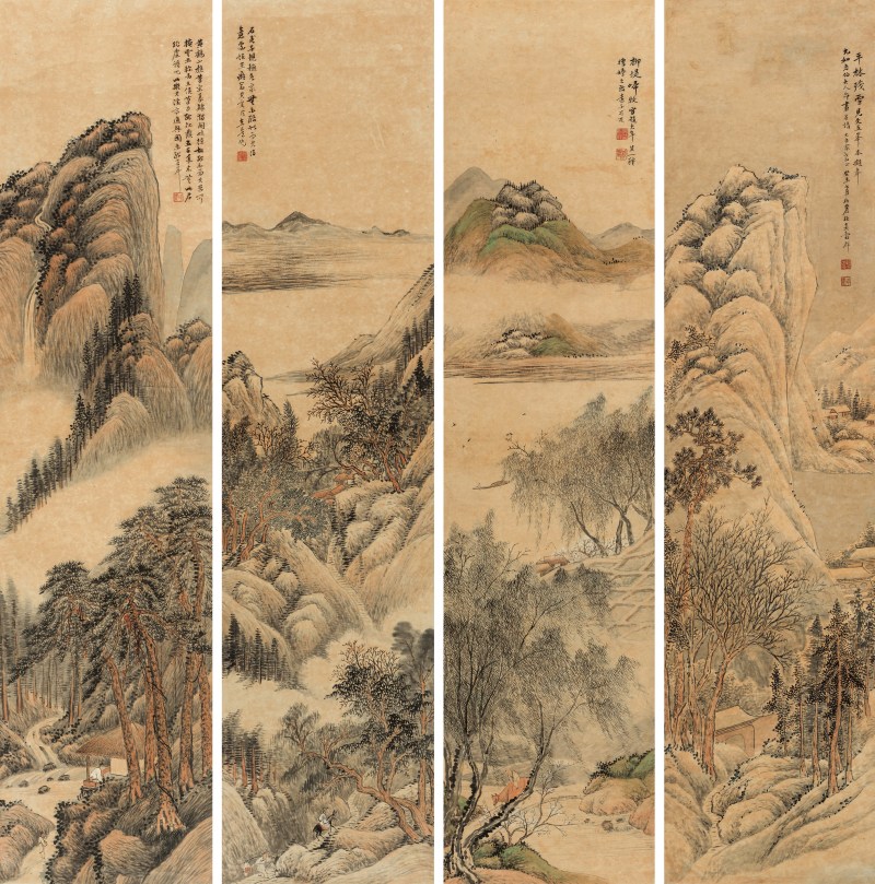 吴谷祥 1848-1903 仿古山水四屏 - 图2