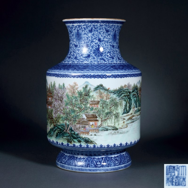 民国 青花花卉配通景粉彩山水高仕尊 - 图2