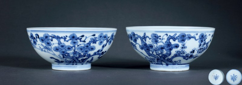 清雍正 青花松竹梅碗一对 - 图2