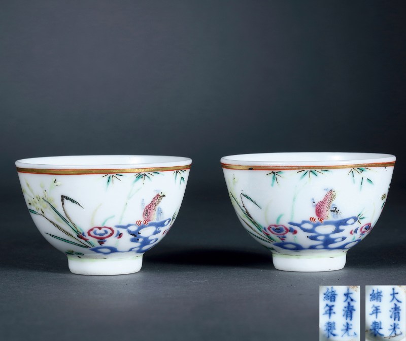 清光绪 粉彩花鸟杯一对 - 图2