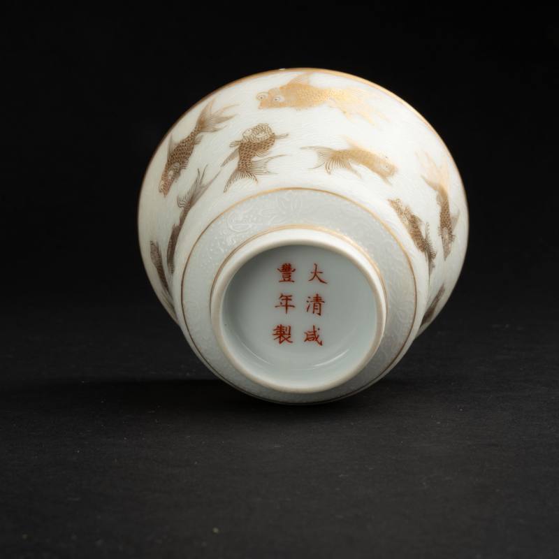    清咸豐 白地描金魚紋蓋杯帶托一對 - 图7