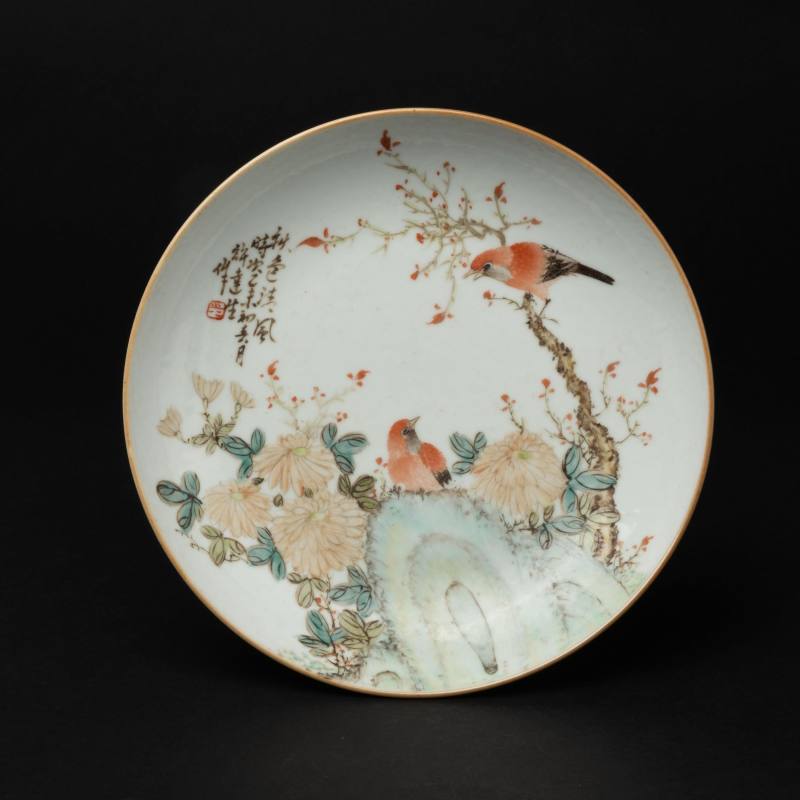    清 錦繪花鳥紋詩文皿 - 图5