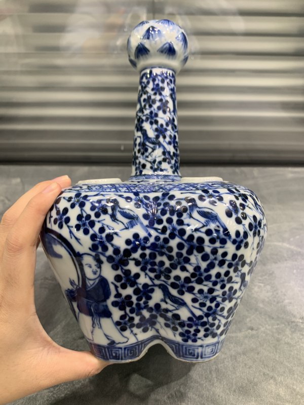 清晚期青花访友图五孔花插 - 图4