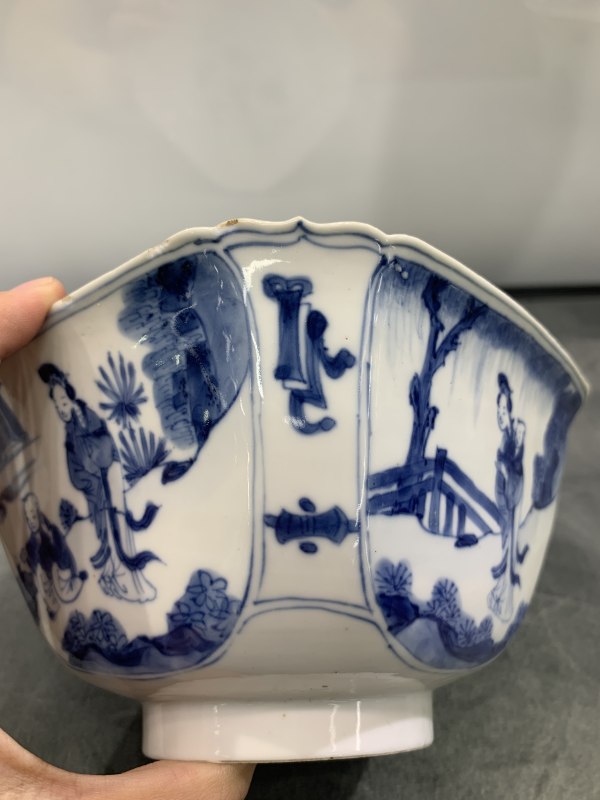 清康熙青花教子图四方倭角碗 - 图7