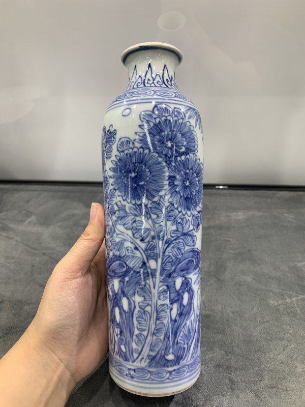 明崇祯青花淡描梅竹花鸟纹筒瓶 - 图4