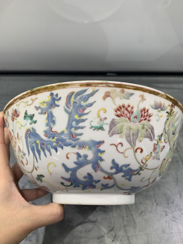 清光绪粉彩葵凤穿花纹大碗 - 图5