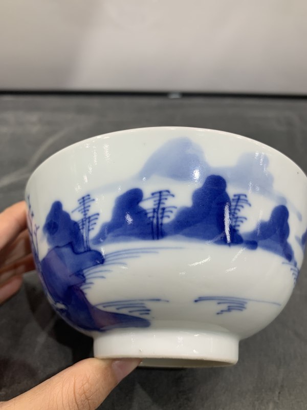 清道光青花外山水纹内铜钱纹盖碗 - 图4