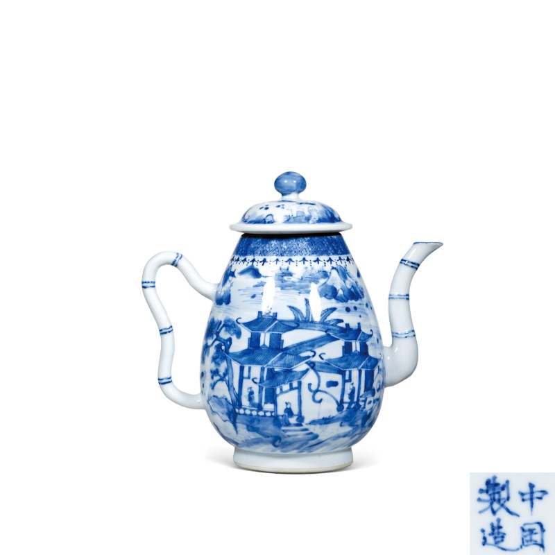 清晚期青花山水楼阁纹壶