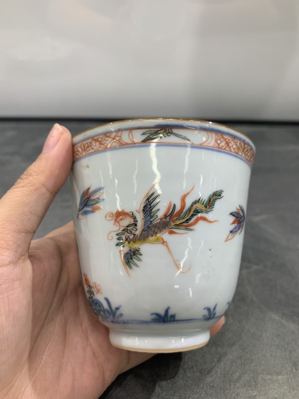 清康熙斗彩麒麟引凤纹杯盏一套 - 图2