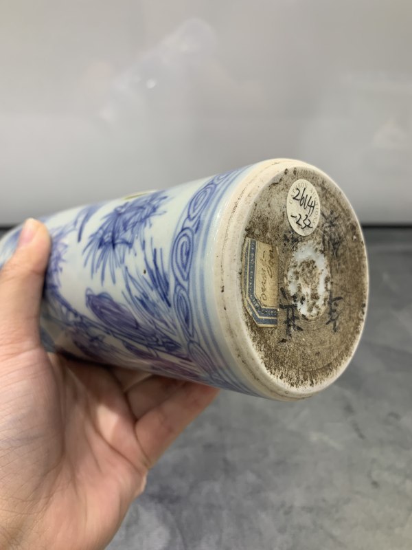 明崇祯青花淡描梅竹花鸟纹筒瓶 - 图8
