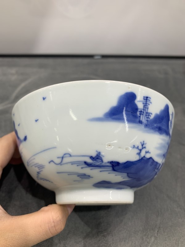 清道光青花外山水纹内铜钱纹盖碗 - 图7