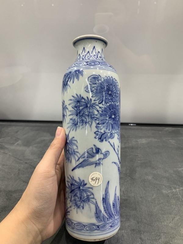 明崇祯青花淡描梅竹花鸟纹筒瓶 - 图2