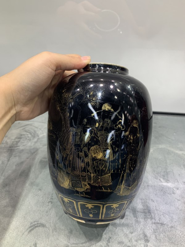 民国乌金釉描金福禄寿三星纹罐 - 图2
