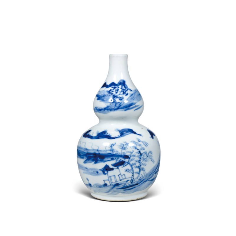 清晚期青花山水楼阁纹葫芦瓶