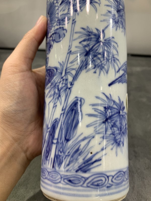 明崇祯青花淡描梅竹花鸟纹筒瓶 - 图10