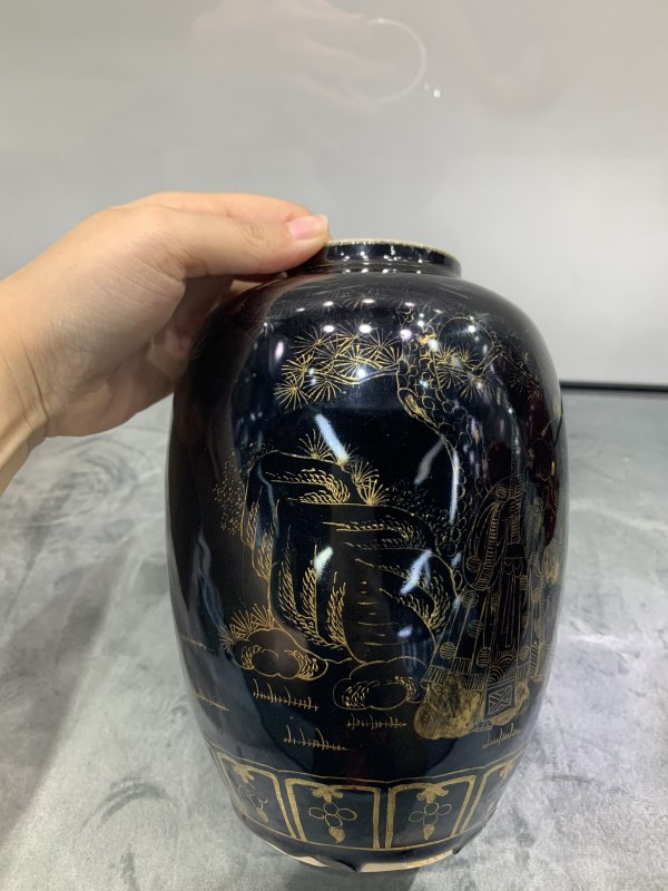 民国乌金釉描金福禄寿三星纹罐 - 图3