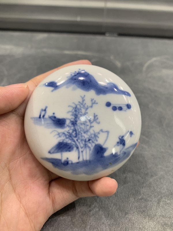 清晚期青花渔樵耕读纹圆形印泥盒 - 图2