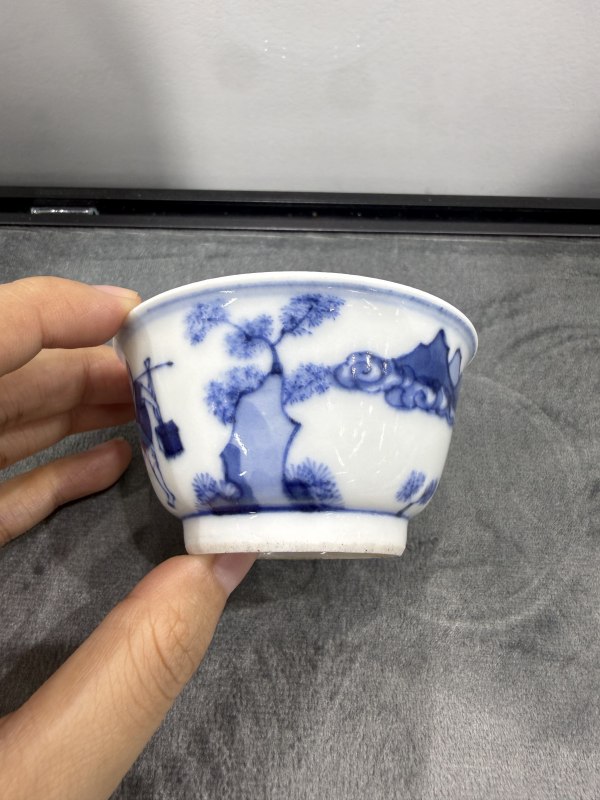 清康熙青花货郎图杯碟一套 - 图9