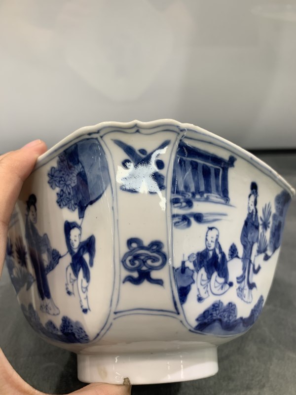 清康熙青花教子图四方倭角碗 - 图8