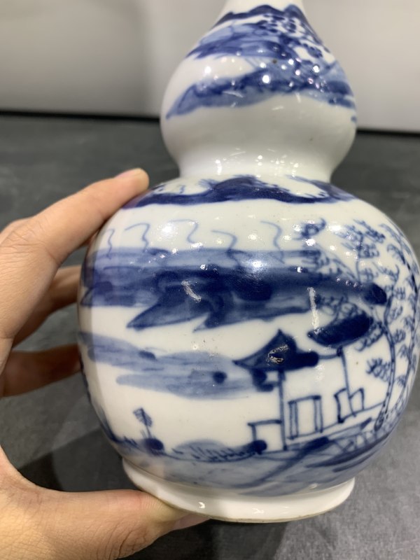 清晚期青花山水楼阁纹葫芦瓶 - 图4