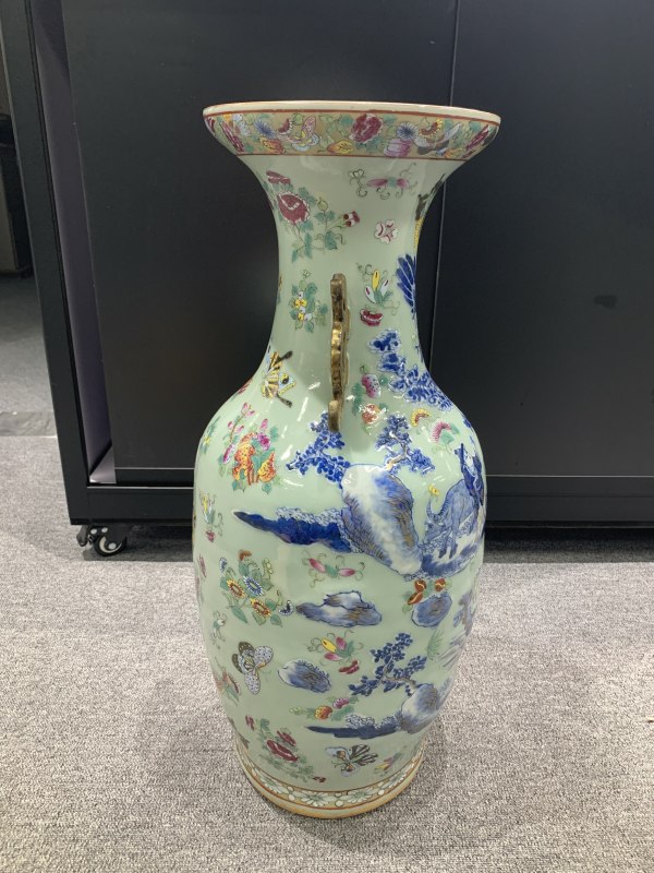 清道光粉青釉青花堆白加彩仙人乘槎渡鹊桥纹双耳大瓶 - 图5