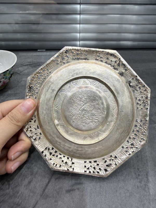 民国墨地百花不落地纹碗（带银匙、银把、银盘） - 图13