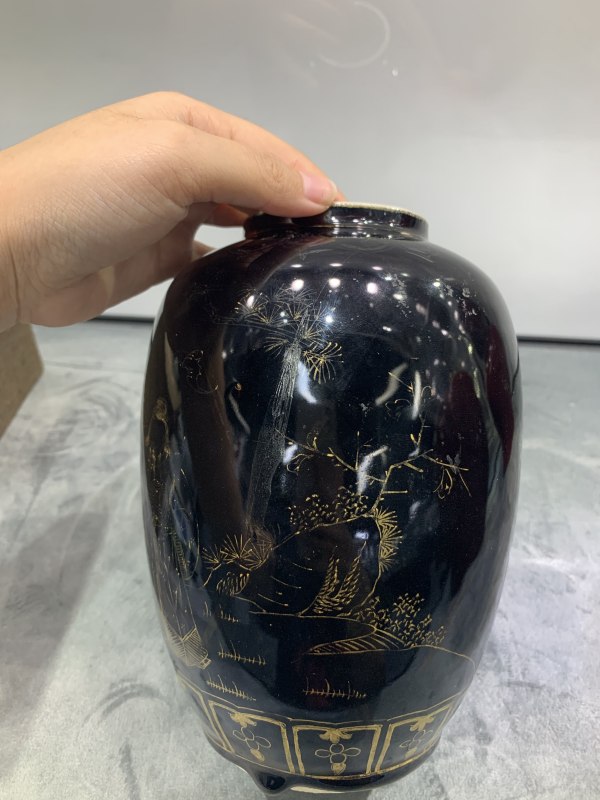 民国乌金釉描金福禄寿三星纹罐 - 图5