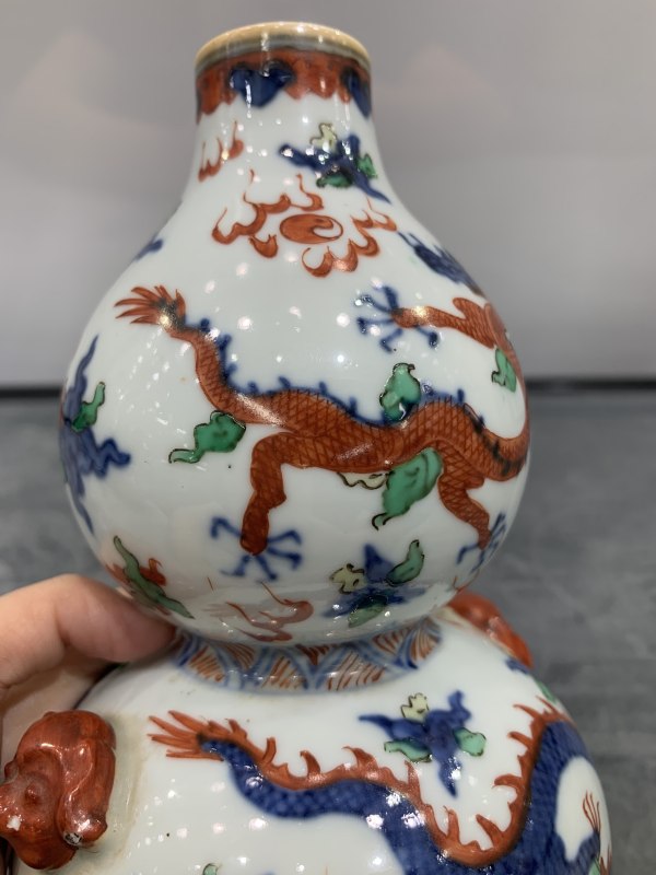 清晚期青花五彩四灵图兽耳葫芦瓶 - 图11