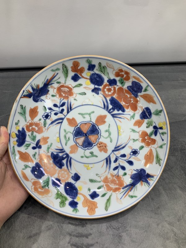 清康熙青花加彩花鸟纹盘 - 图2