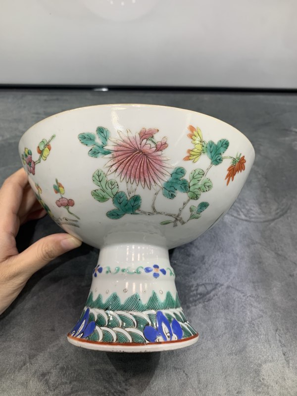 民国粉彩四季花卉纹高足供碗 - 图5